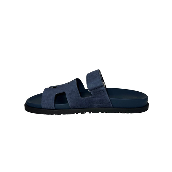 Hermes Chypre Sandal Blue Celeste Dark Suede Logo Strap Slide Slip On Flat 42 - Picture 8 of 11